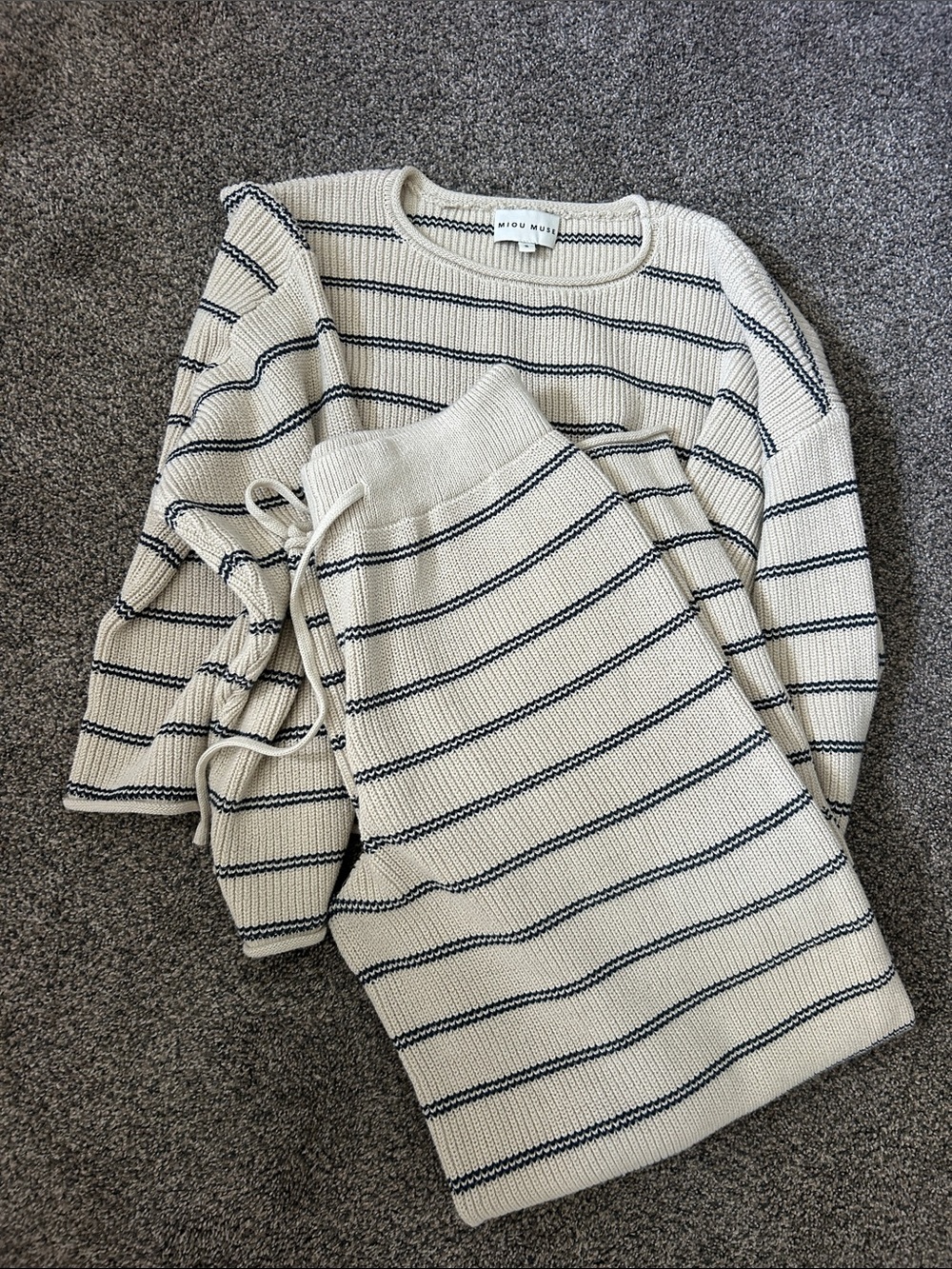 Miou Muse Cream and Navy Striped Crewneck Sweater and matching knit pants